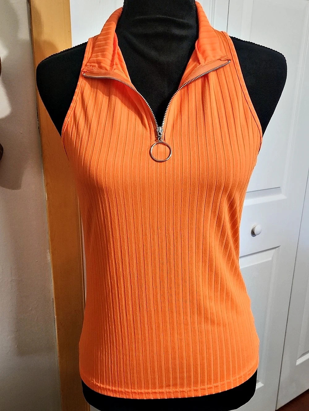 Orange Ribbed V-Neck Tank Top with zip up neckline